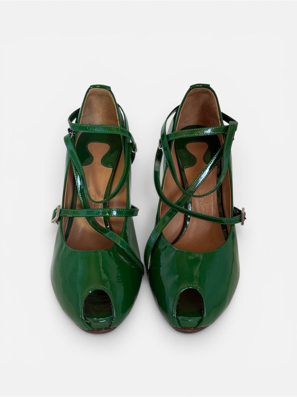 Chloe Green Patent Leather Peep-Toe Strappy Heels - Picture 1 of 5